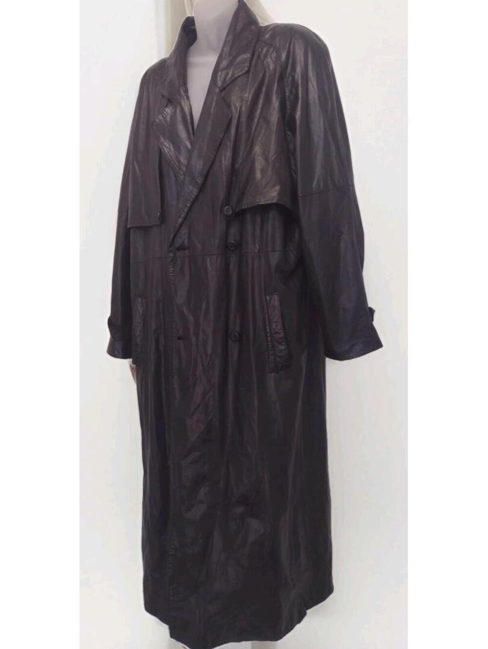Vintage Walden Black Leather Trench Coat Sz 40 Double Breasted Korea
